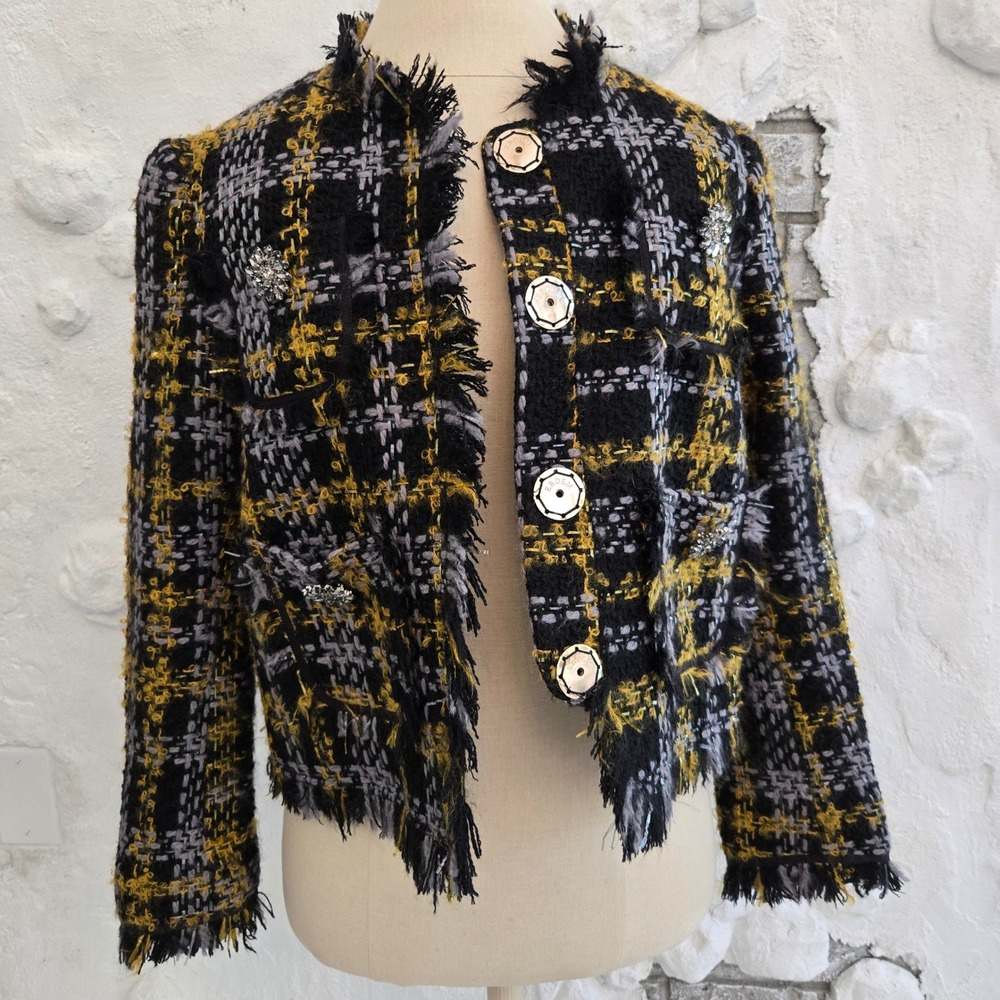 Erdem x H&M Wool Blend Tweed Plaid Frayed Jewel Button Jacket Black Yellow Sz 6